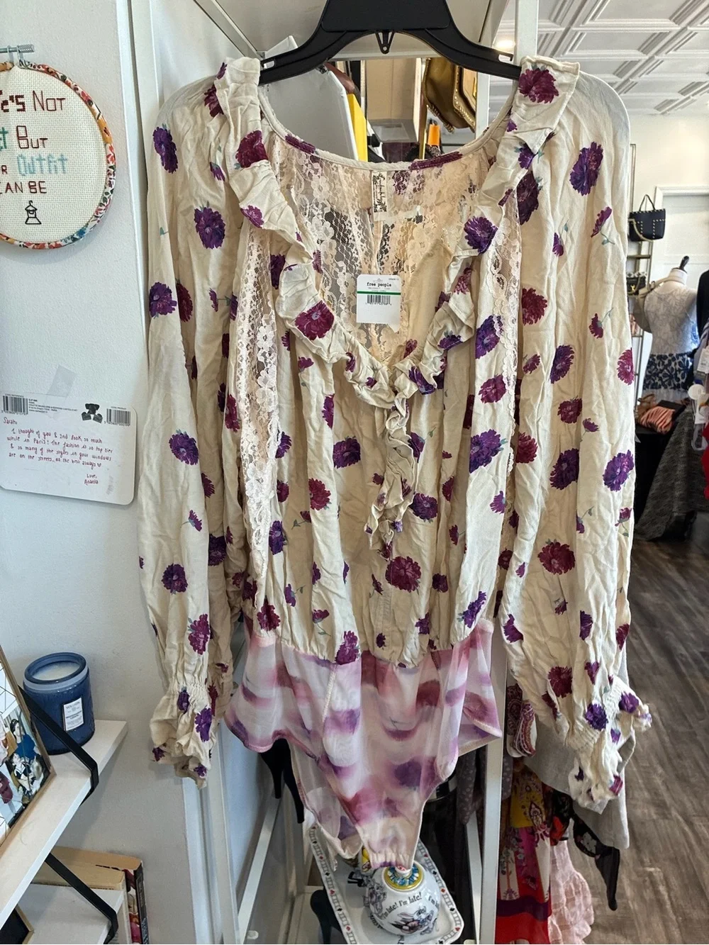 Free People Cream Floral Ruffle V-Neck Blouse NWT